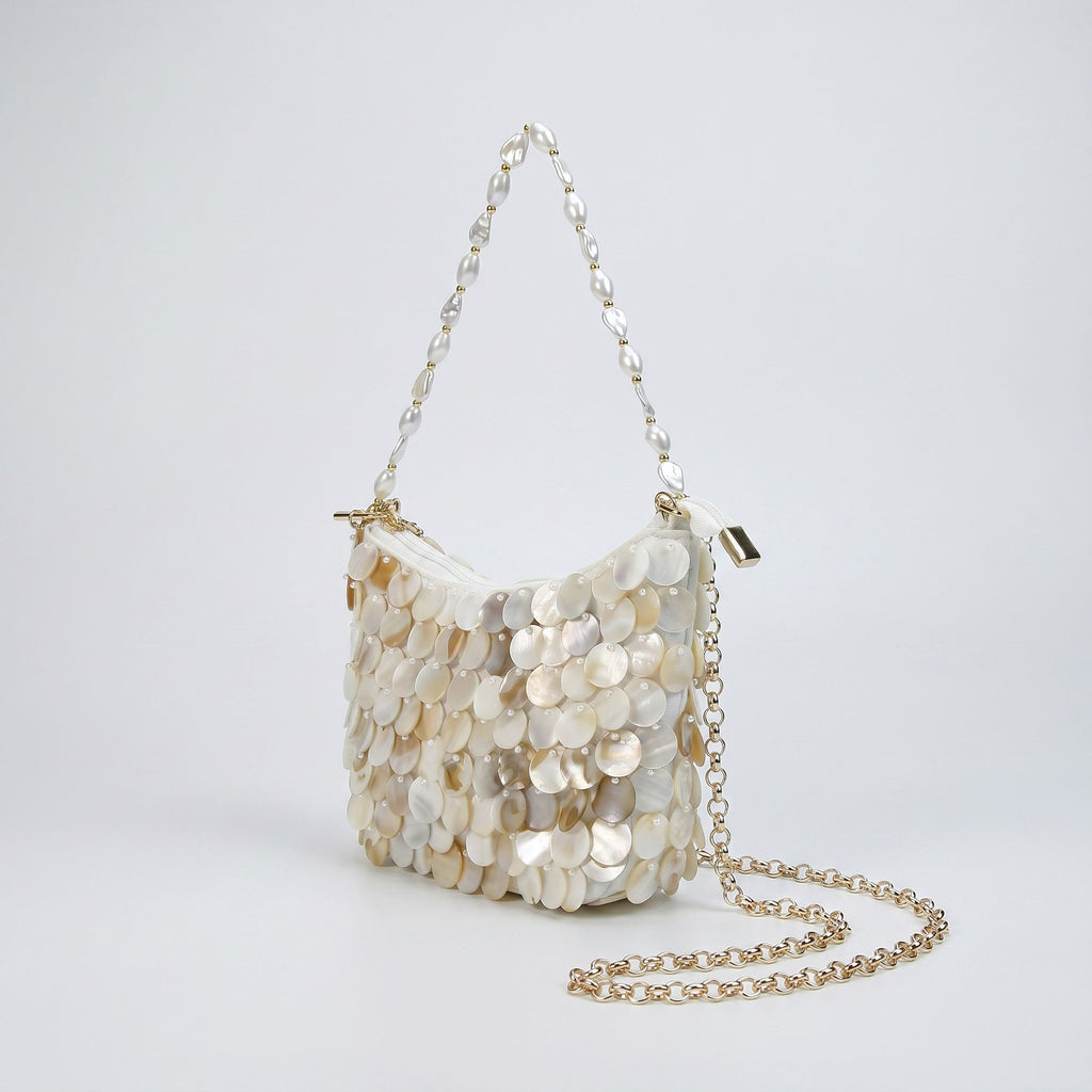 Paillette Crossbody Bag with Chain Strap Top Zip Closure Textured Disc Details