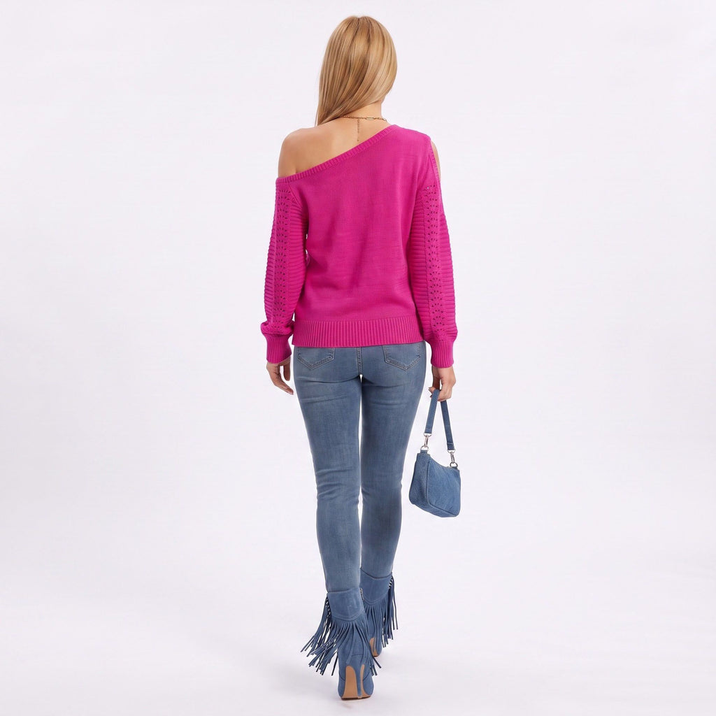 One Shoulder Cold Shoulder Pointelle Knit Long Sleeve Sweater