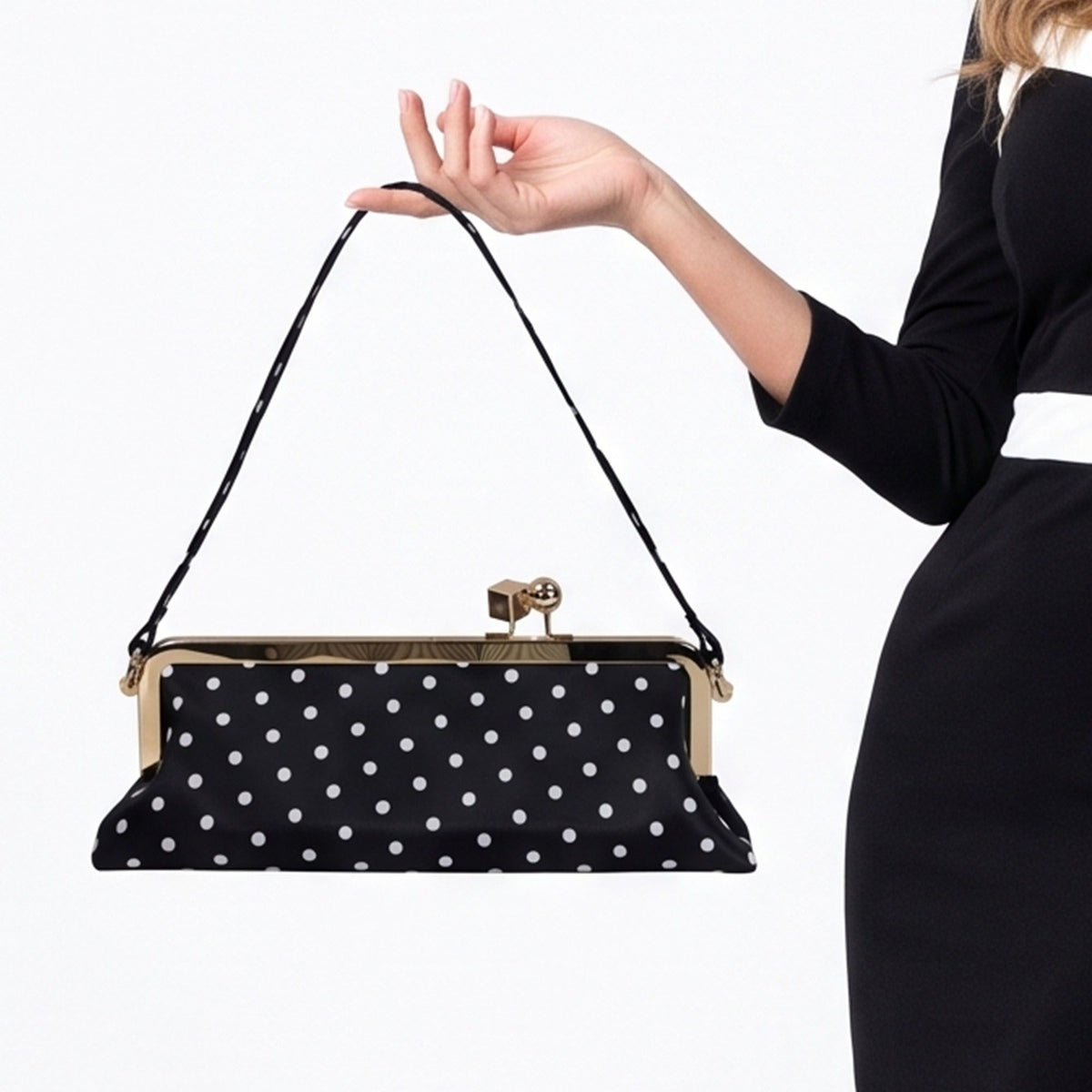Polka Dot Satin Metal Frame Clasp Shoulder Bag Evening Clutch