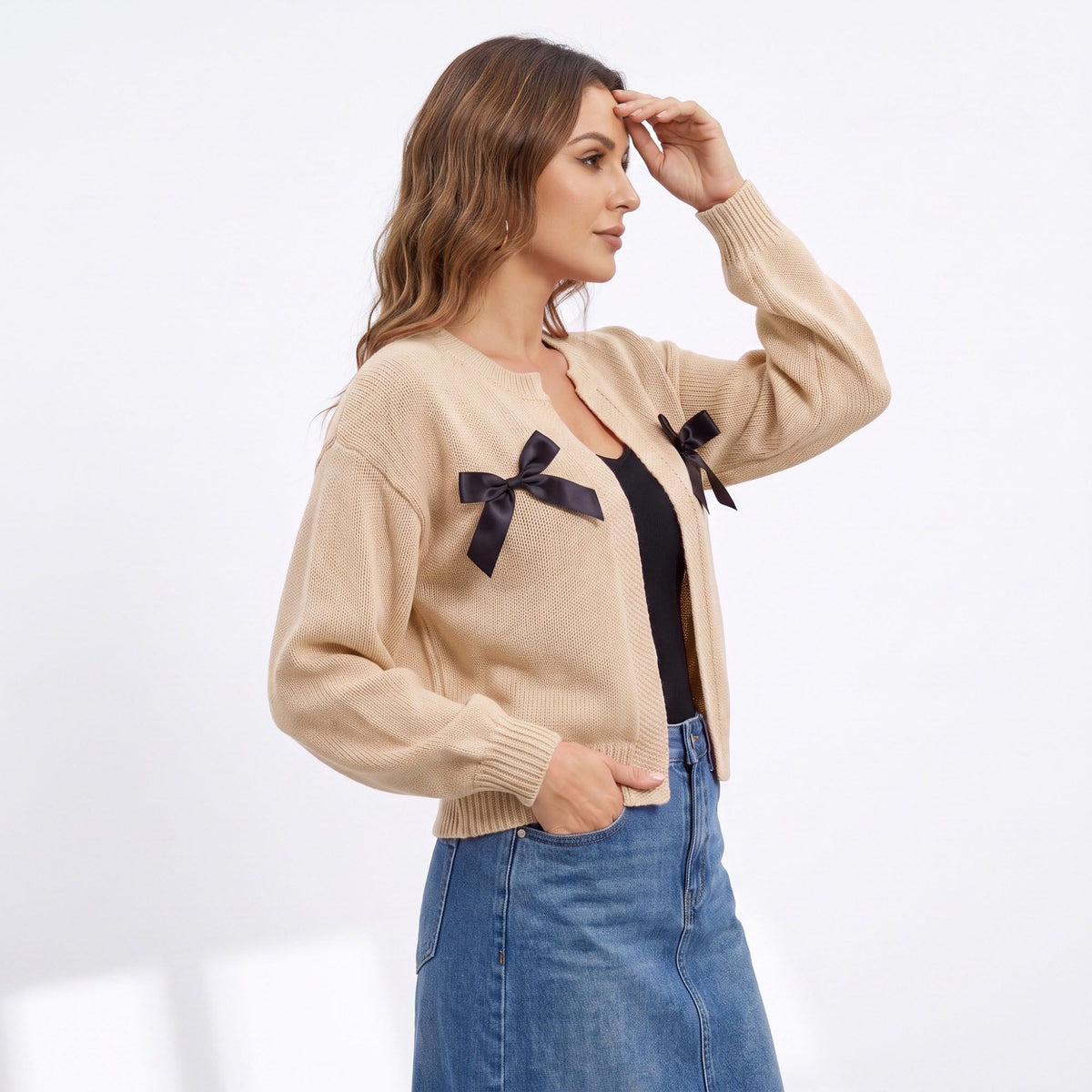 Bow Detail Open Front Knit Cardigan Sweater