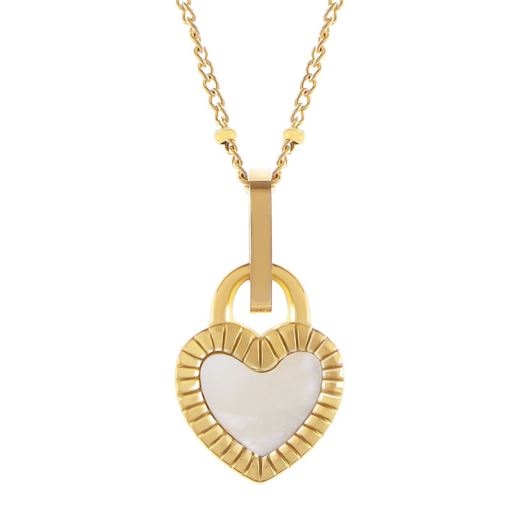 Women's Stainless Steel Fashion Necklace with 18K Gold Plated Heart Lock Pendant, Mother of Pearl Inlay, Adjustable Chain