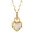 Women's Stainless Steel Fashion Necklace with 18K Gold Plated Heart Lock Pendant, Mother of Pearl Inlay, Adjustable Chain
