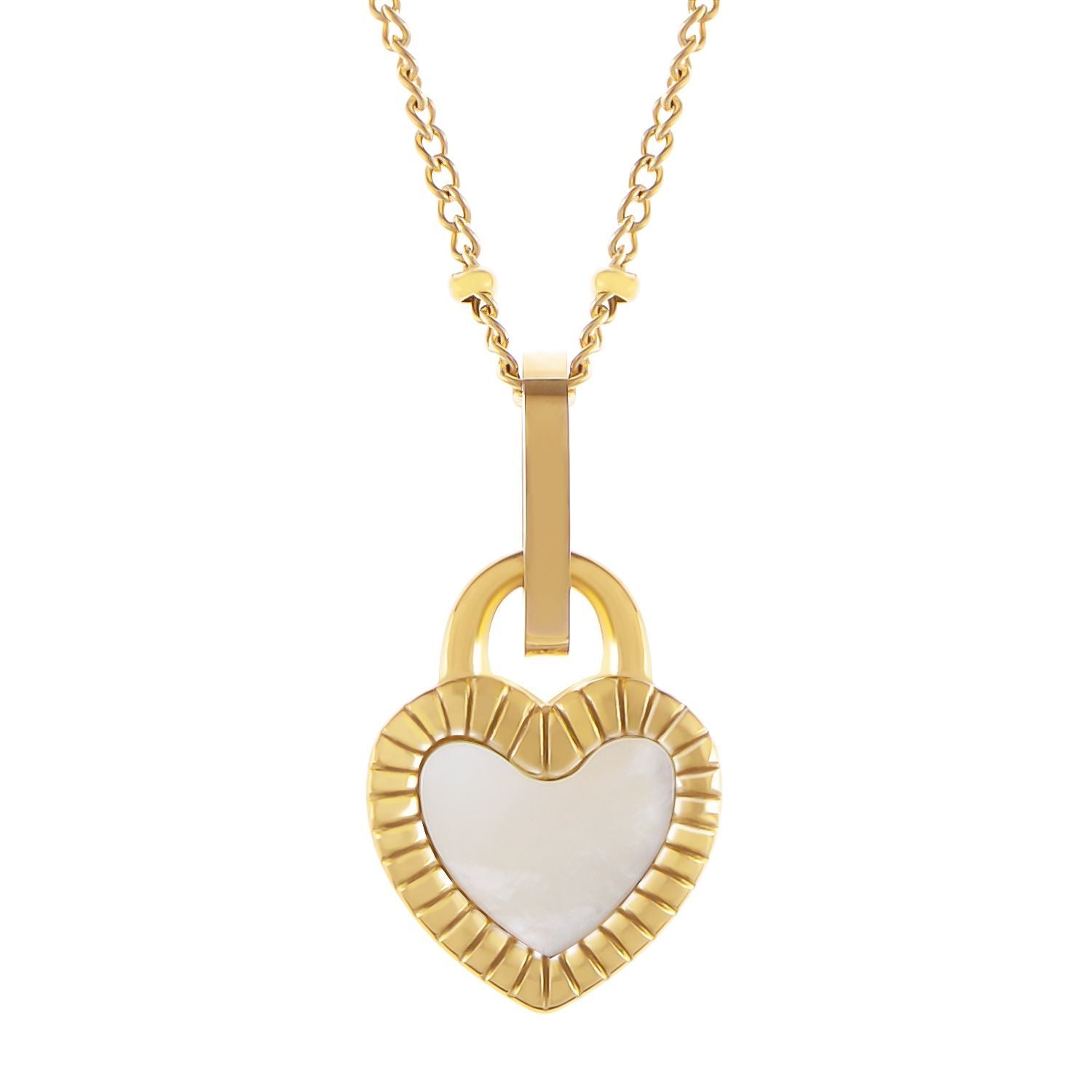 Women's Stainless Steel Fashion Necklace with 18K Gold Plated Heart Lock Pendant, Mother of Pearl Inlay, Adjustable Chain
