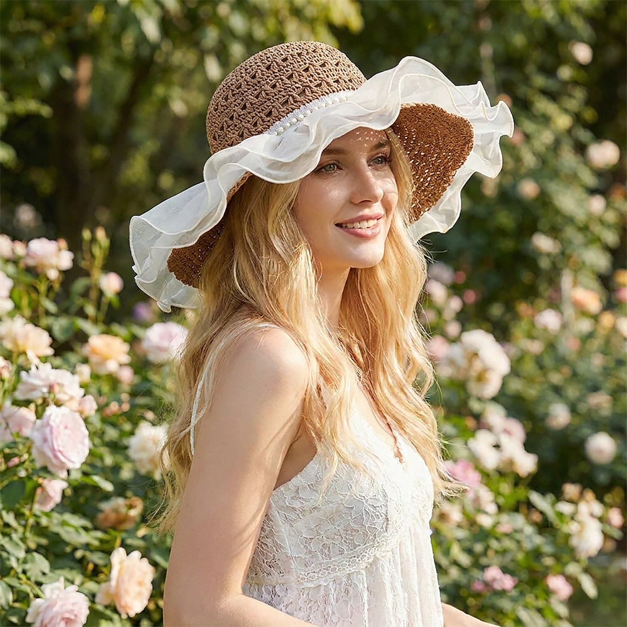 Crochet Sun Hat with Sheer Ruffle Wide Brim and Pearl Trim Detail