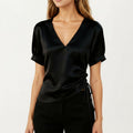 Anna-Kaci Women's Satin V Neck Blouse with Puff Sleeves and Side Ruched Drawstring