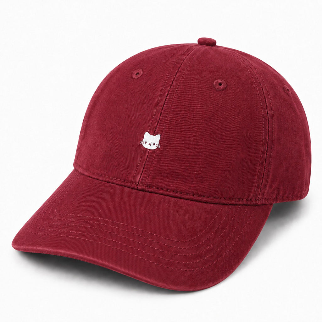 Washed Cotton Baseball Cap Cat Detail Adjustable Dad Hat