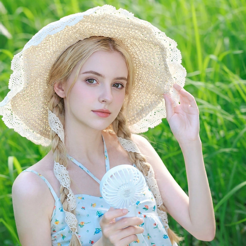 Crochet Wide Brim Sun Hat with Lace Trim Bow Accent and Wavy Brim