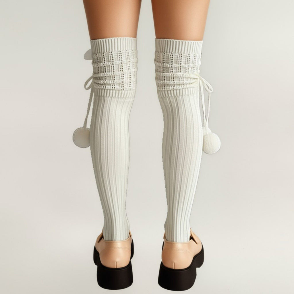 Anna-Kaci 2pcs Women's Over-the-Knee Knit Socks with Pom Pom Tie and Ribbed Pattern