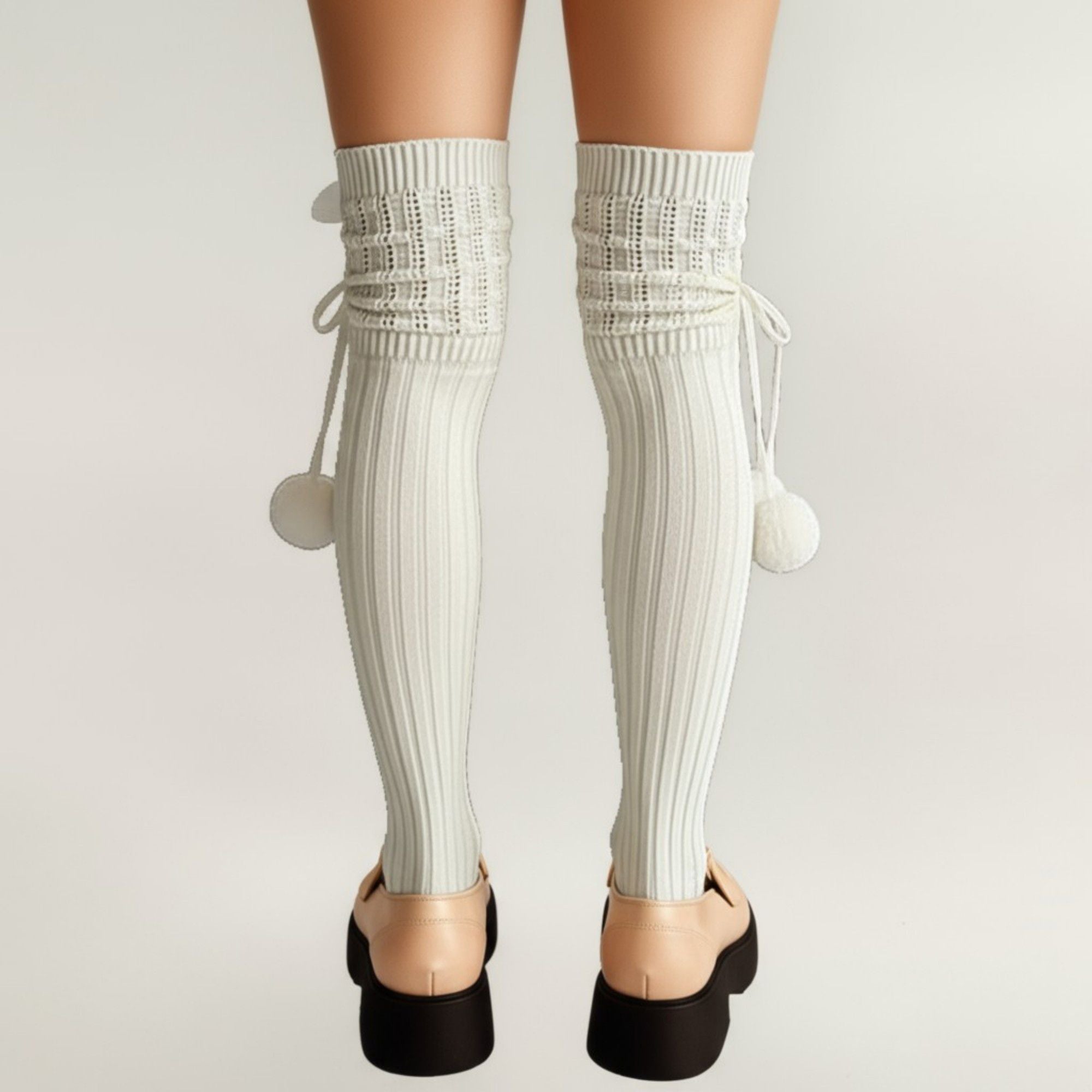 Anna-Kaci 2pcs Women's Over-the-Knee Knit Socks with Pom Pom Tie and Ribbed Pattern
