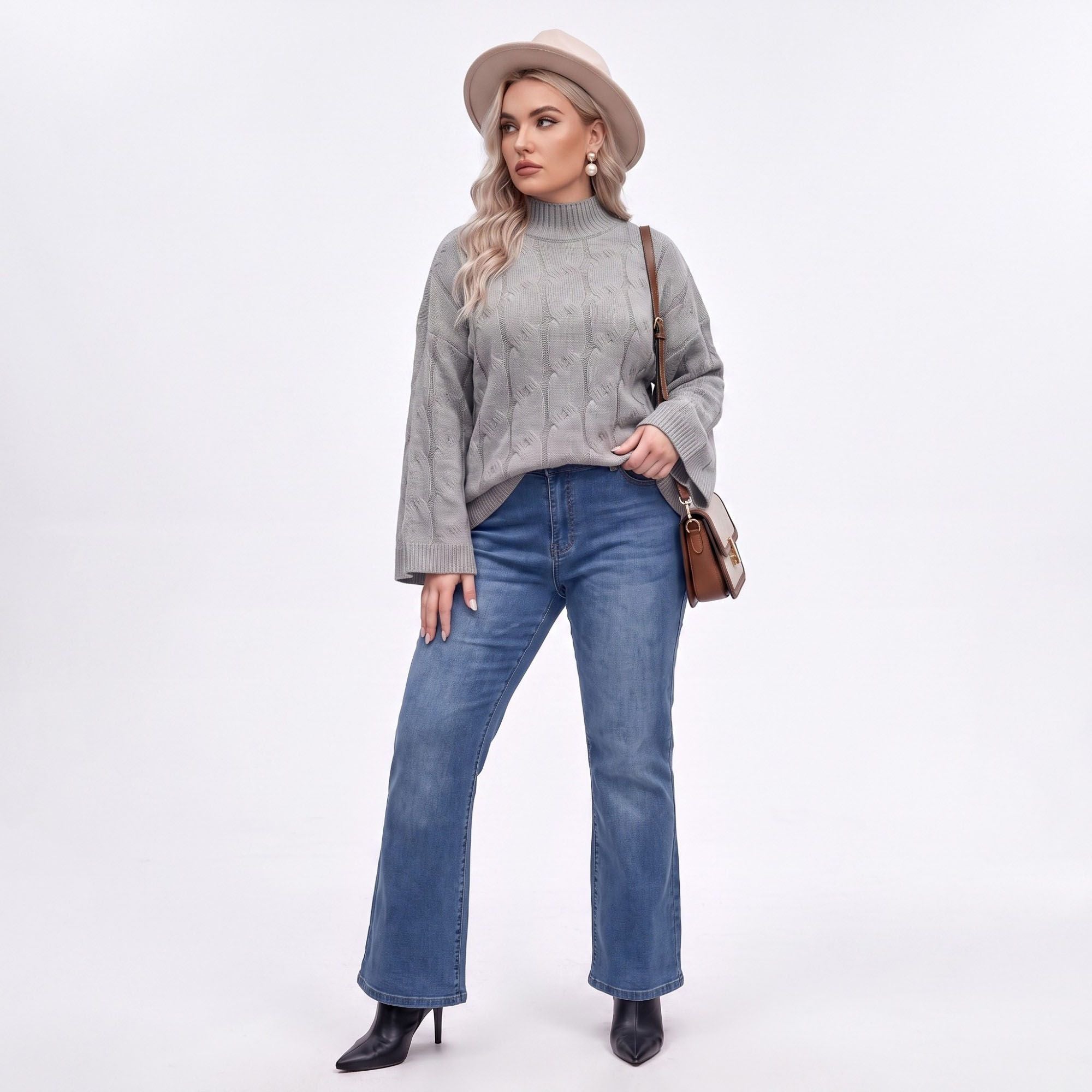 Plus Size Mock Neck Cable Knit Bell Sleeve Sweater
