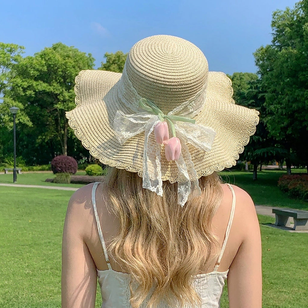 Wide Brim Straw Sun Hat with Scalloped Edge Lace Bow and Floral Accent