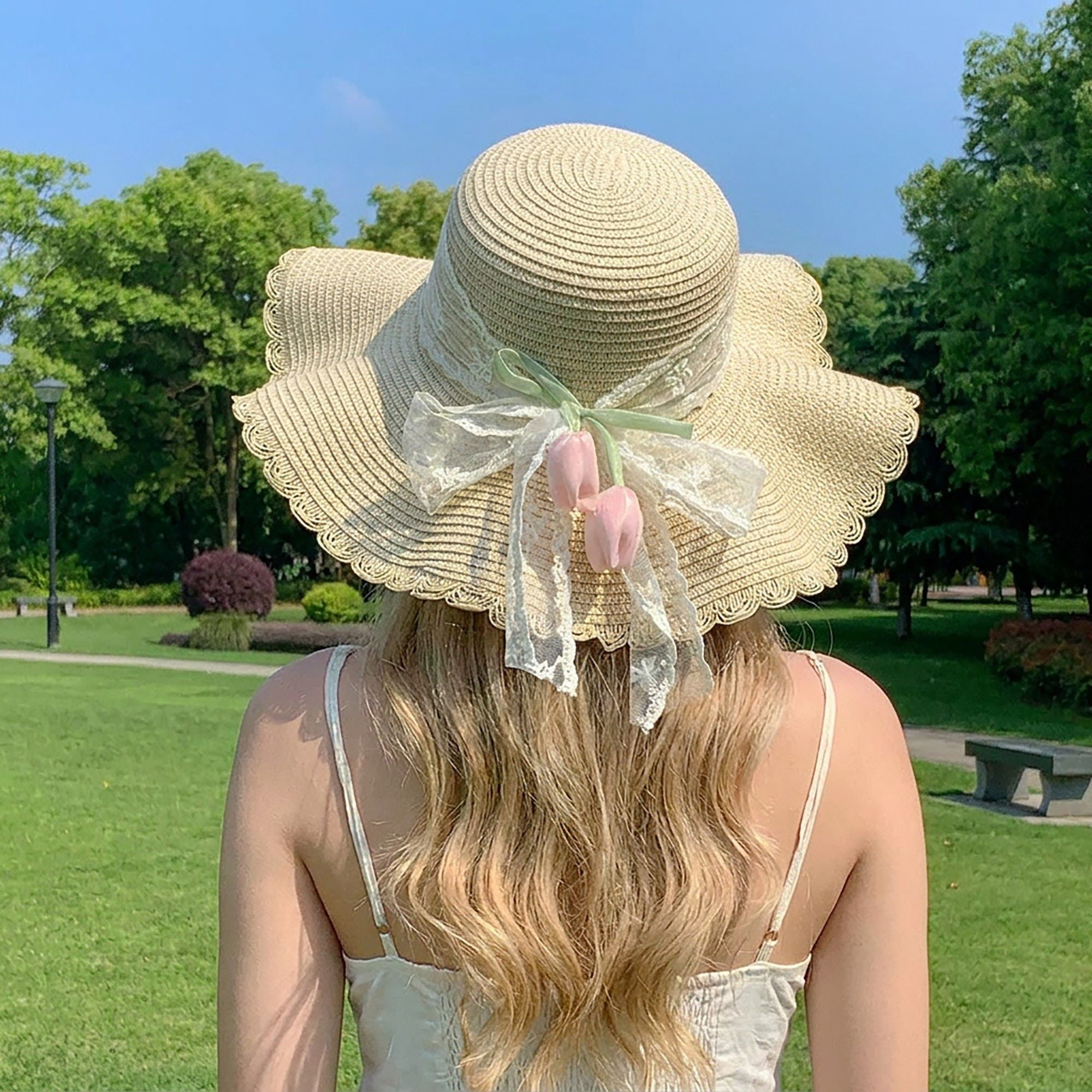 Wide Brim Straw Sun Hat with Scalloped Edge Lace Bow and Floral Accent