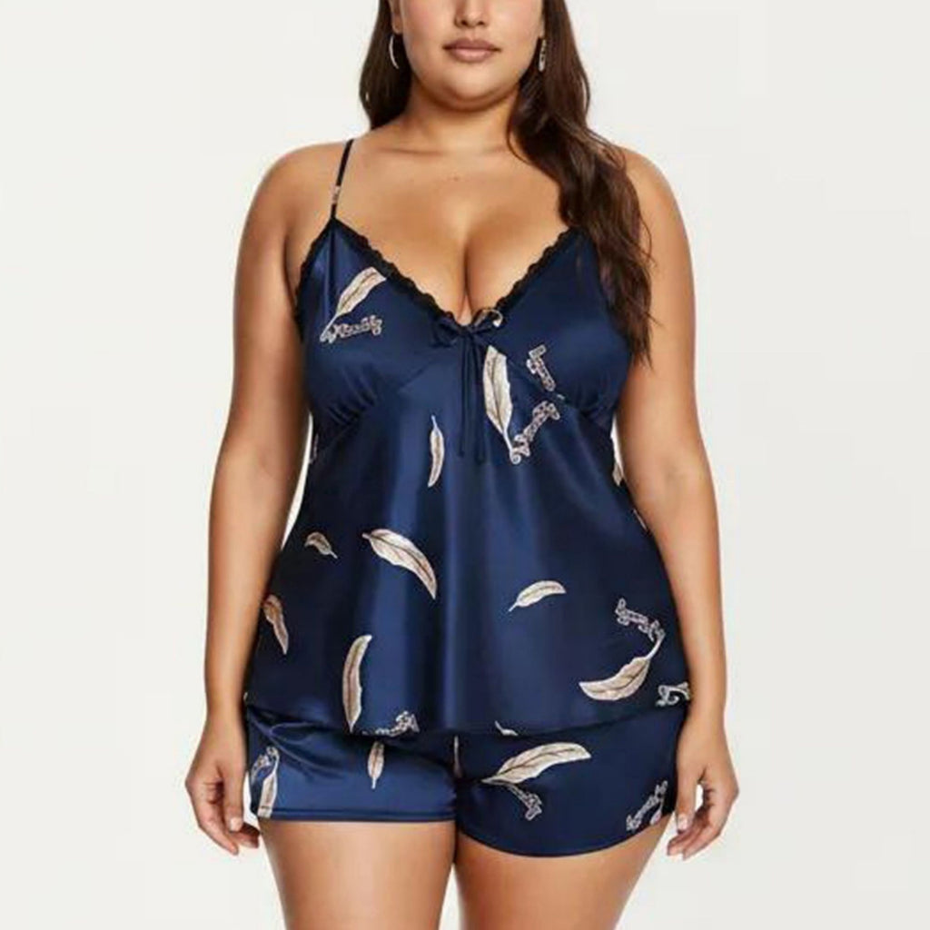 Anna-Kaci Lounge Women's Plus Size 2-Piece Satin Pajama Set with Lace Trim Cami Top Adjustable Straps Relaxed Fit Shorts Sleepwear Set