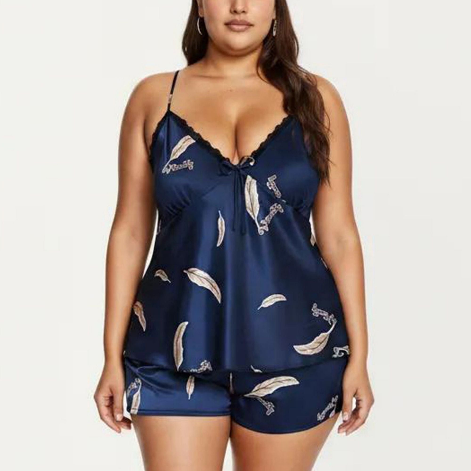 Anna-Kaci Lounge Women's Plus Size 2-Piece Satin Pajama Set with Lace Trim Cami Top Adjustable Straps Relaxed Fit Shorts Sleepwear Set