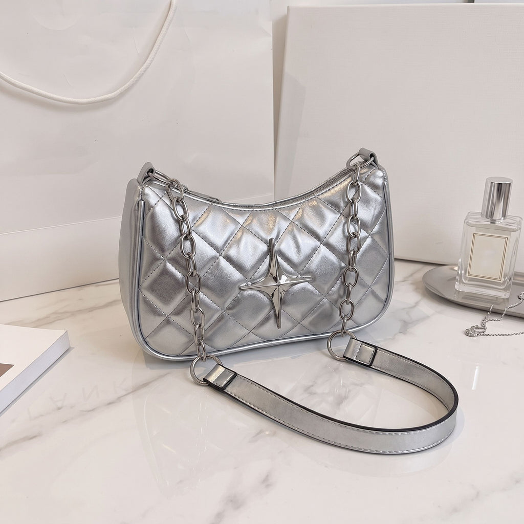 Quilted Shoulder Bag with Chain Strap and Star Accent