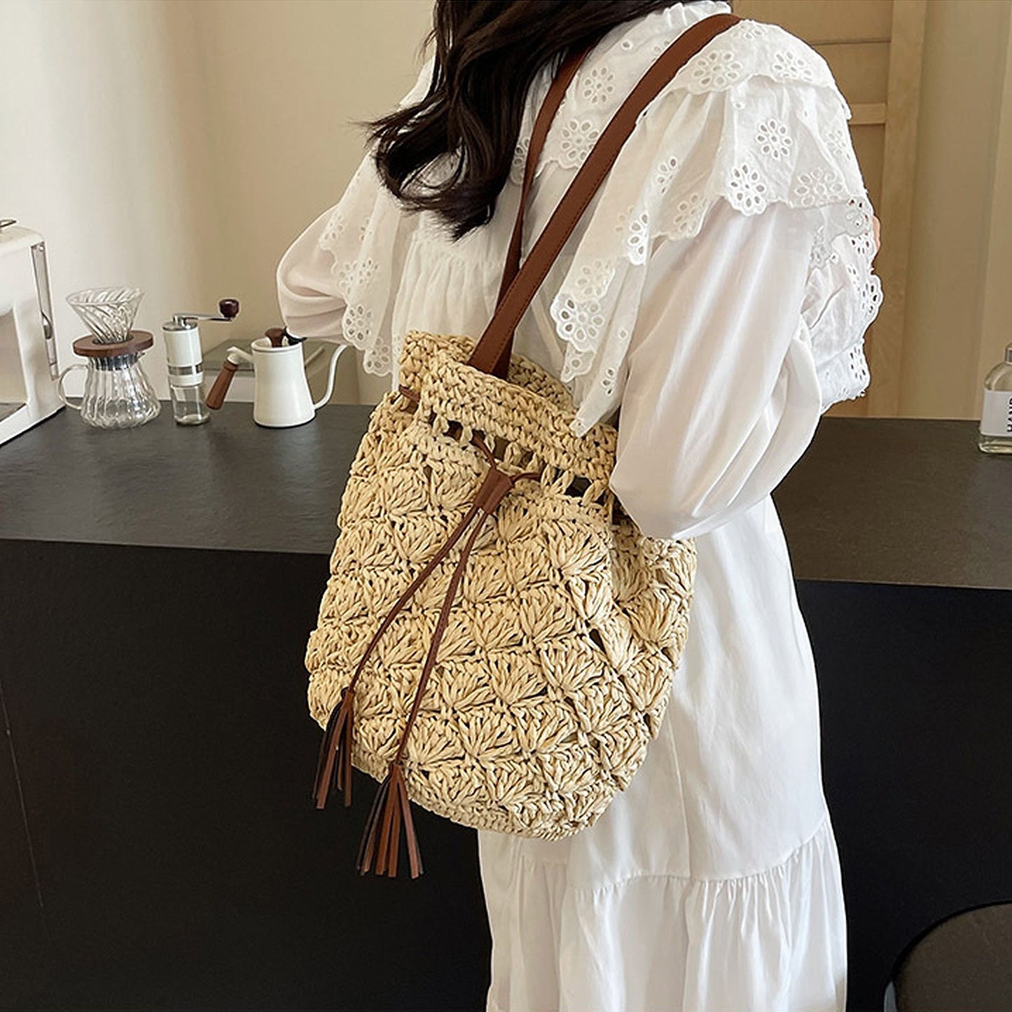 Anna-Kaci Women's Rustic Straw Shoulder Bag with Leather Accents
