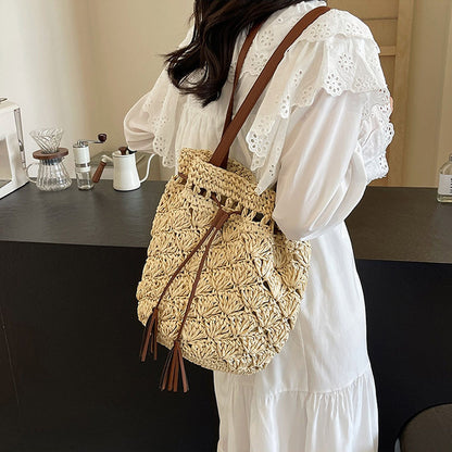 Anna-Kaci Women's Rustic Straw Shoulder Bag with Leather Accents