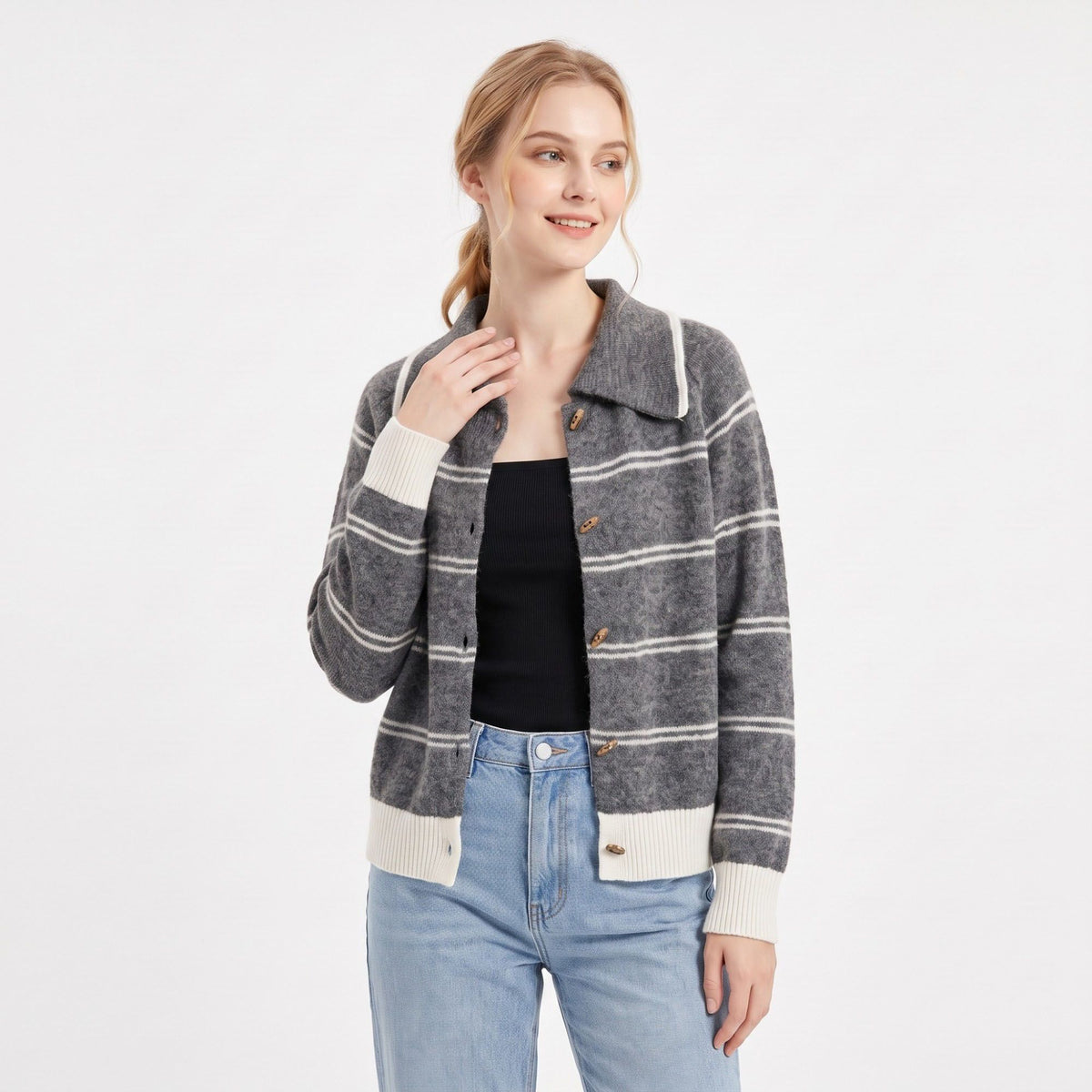 Striped Collared Button-Front Cardigan Sweater