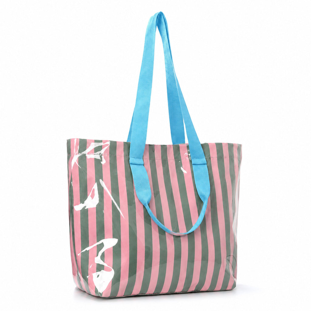 Striped PVC Beach Tote Bag with Magnetic Closure and Zip Pocket