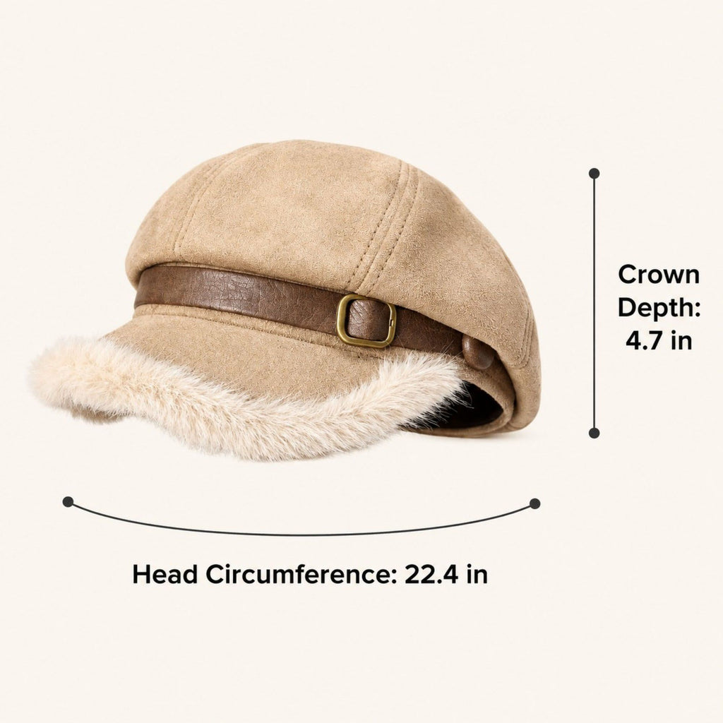 Faux Suede Newsboy Cap with Faux Fur Trim