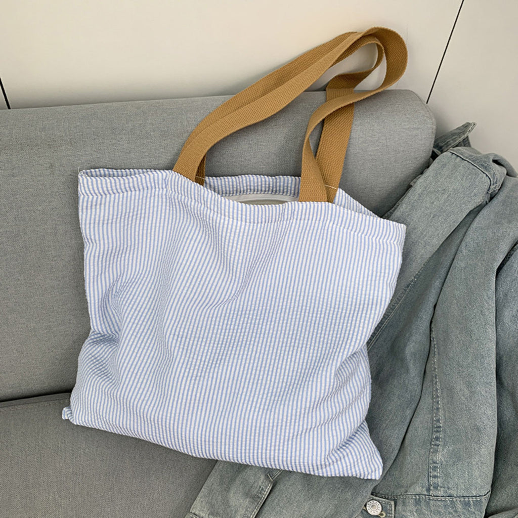 Striped Canvas Tote Bag Colorblock Large Capacity Shoulder Bag