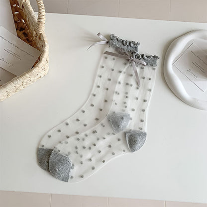 Anna-Kaci Women's Sheer Polka Dot Ankle Socks with Bow Detail 6pk