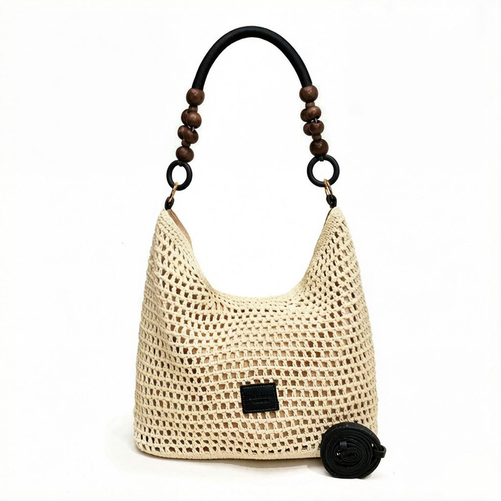 Crochet Hobo Shoulder Bag Wooden Bead Handle Open Weave Knit Handbag Slouchy Summer Carryall Lightweight Tote