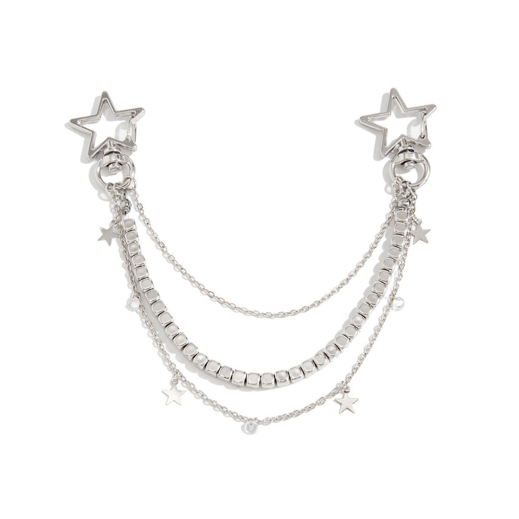 Star Chain Bag Charm with Layered Silver Tone Chains Dual Clips for Jeans Bags and Keys