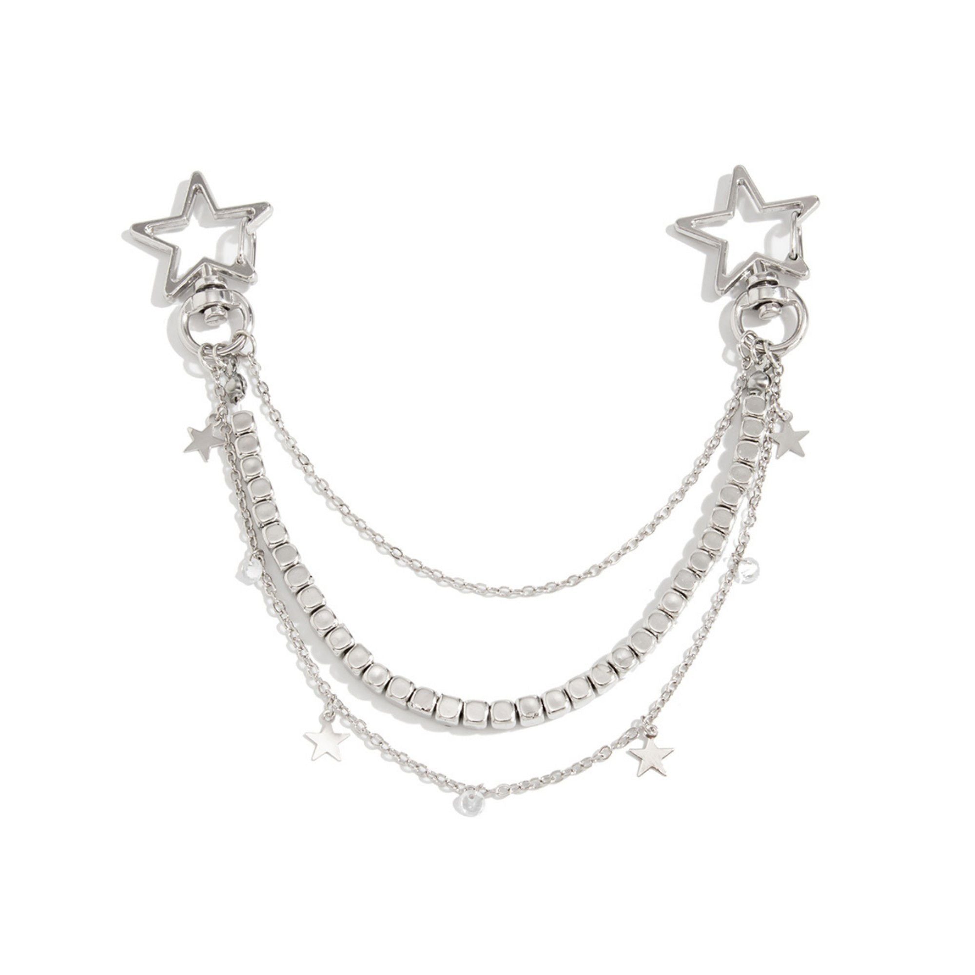 Star Chain Bag Charm with Layered Silver Tone Chains Dual Clips for Jeans Bags and Keys