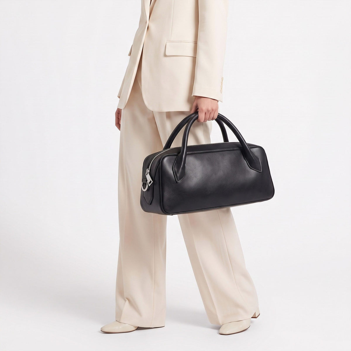 Structured Top Handle Handbag with Zipper Closure and Shoulder Strap