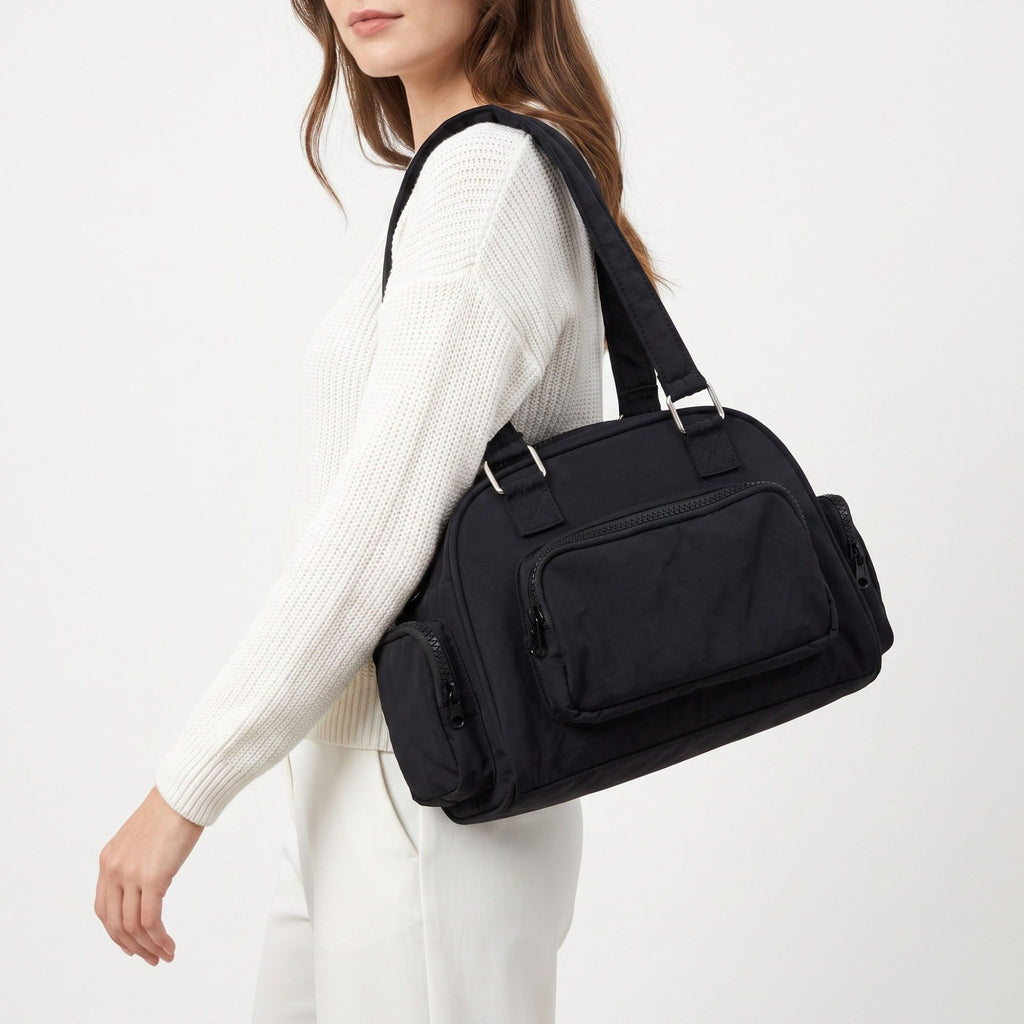 Multi-Pocket Shoulder Bag with Top Zipper and Front and Side Compartments 10x6.5x3.5in