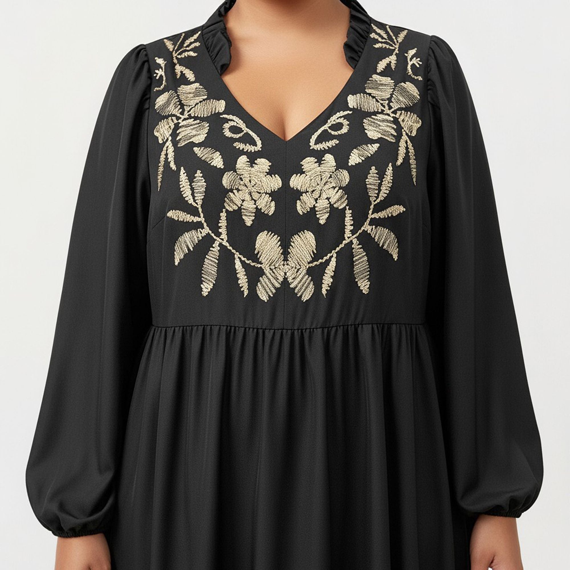 Anna-Kaci Women's Plus Size Long Sleeve V Neck Dress with Floral Embroidered Bodice and Flowy Tiered Skirt