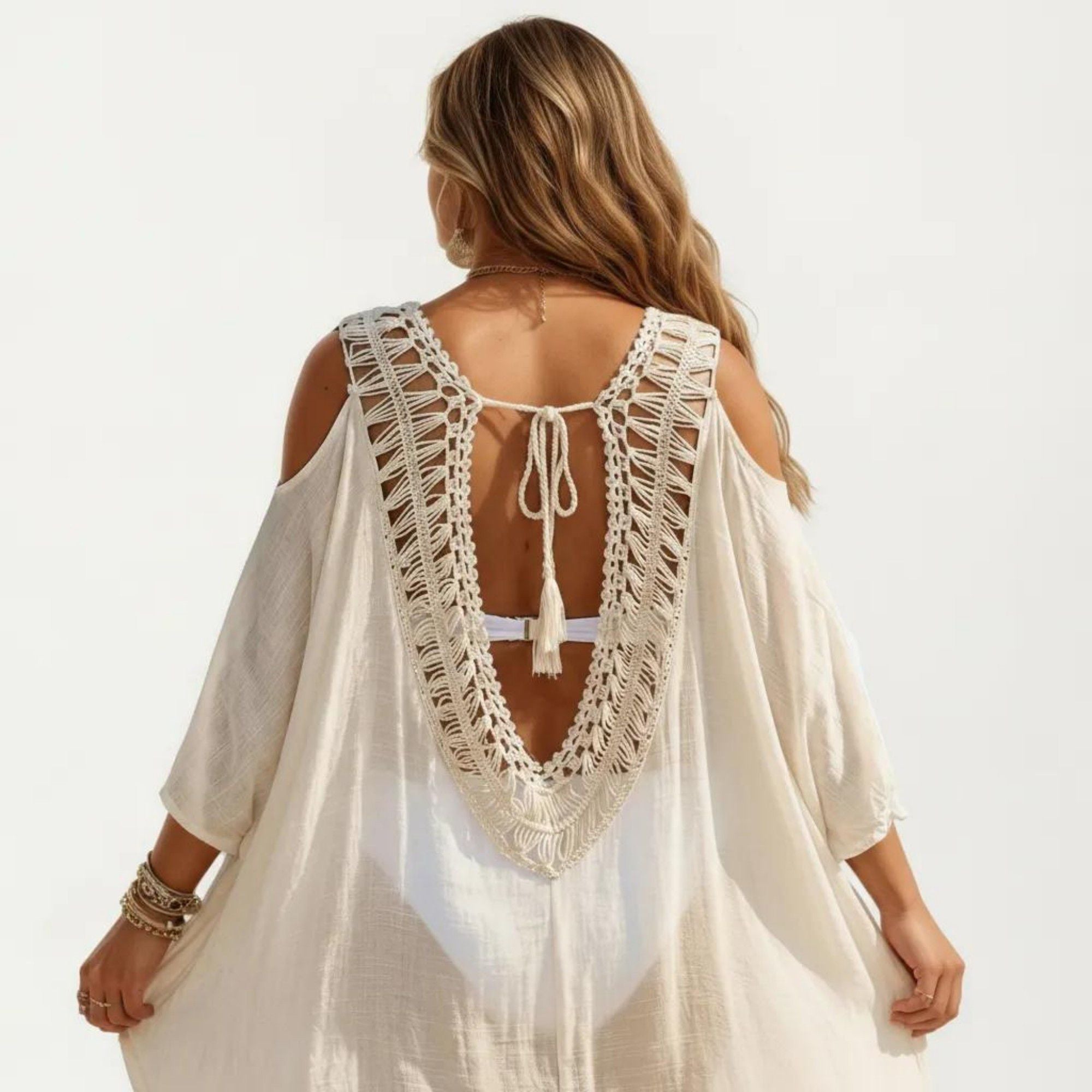 Anna-Kaci Women's Crochet V Neck Swim Cover Up Dress with Cold Shoulder Sleeves and Relaxed Fit