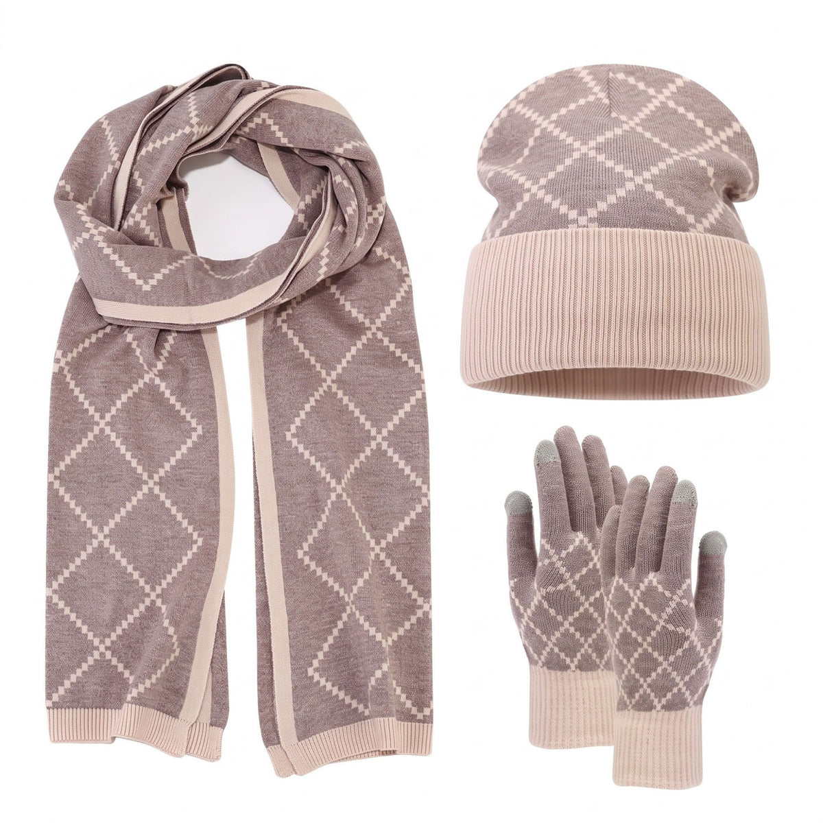 3 Piece Argyle Beanie Scarf and Touchscreen Gloves Winter Set