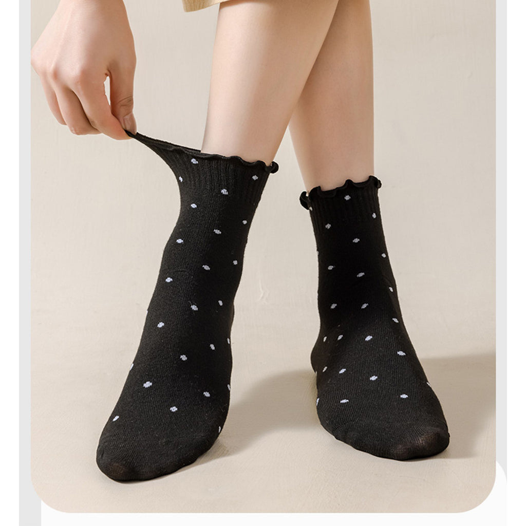 Anna-Kaci Women's Polka Dot Ankle Socks Set Soft Cotton Blend Ruffle Trim Cuff Multiple Color Combos 5 Pairs