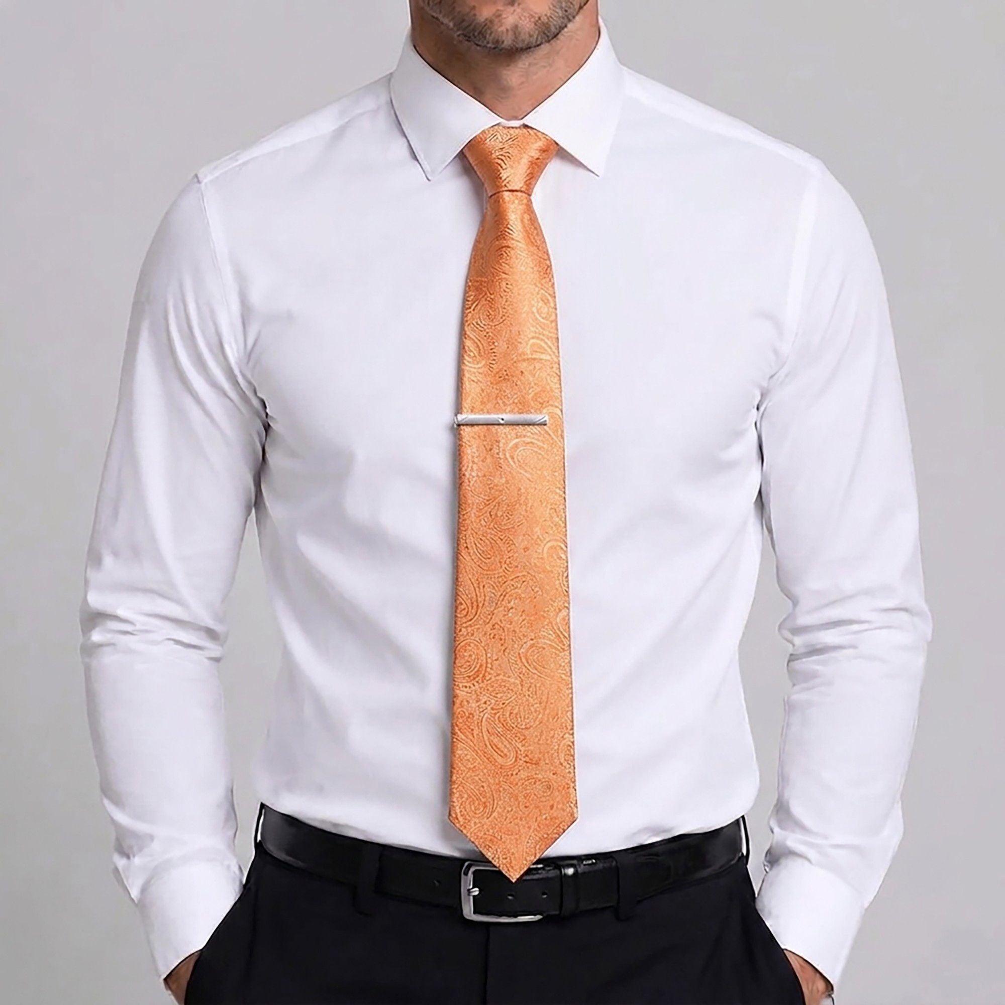 Men's Paisley Floral Tie Gift Set with Matching Pocket Square Cufflinks and Silver Tie Clip