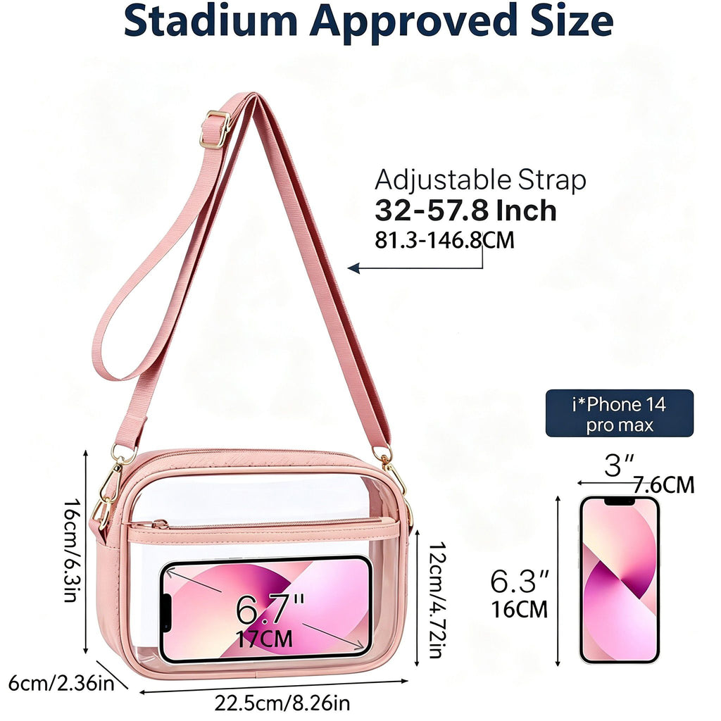 Clear Stadium Crossbody Bag with Front Pocket, Zipper Closure and Adjustable Removable Shoulder Strap