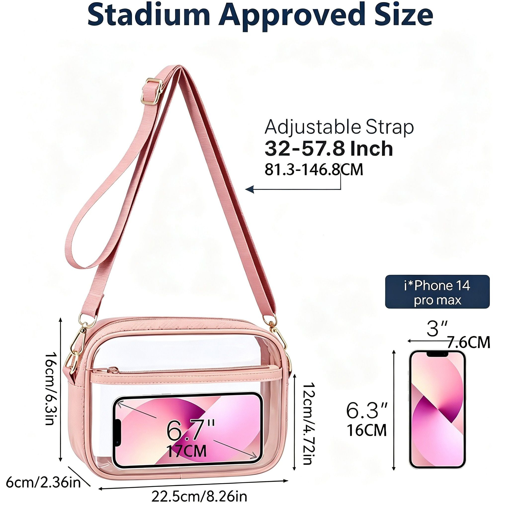 Clear Stadium Crossbody Bag with Front Pocket, Zipper Closure and Adjustable Removable Shoulder Strap