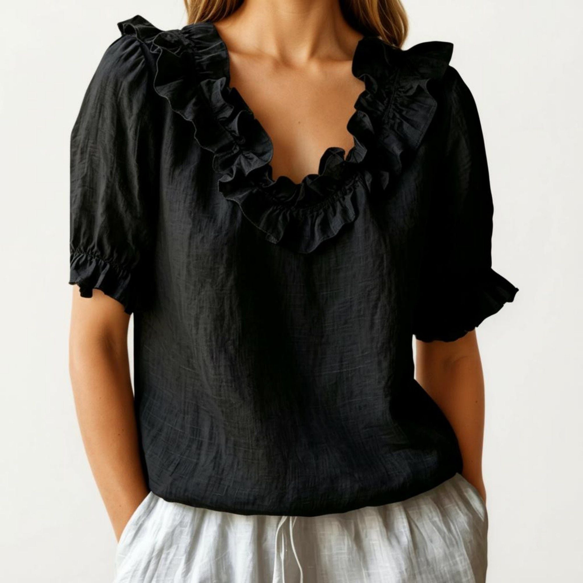 Anna-Kaci Women's Ruffle Neck Blouse with Short Puff Sleeves and Textured Linen-Like Fabric