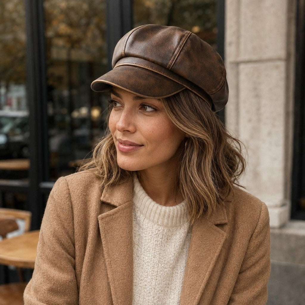 Faux Leather Newsboy Cap Vintage Eight Panel Baker Boy Hat Distressed Style