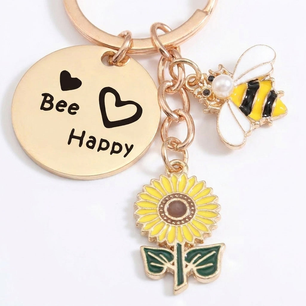 2 Pack Bee Happy Sunflower Keychain with Bee Charm Round Tag and Key Ring Bag Accessory