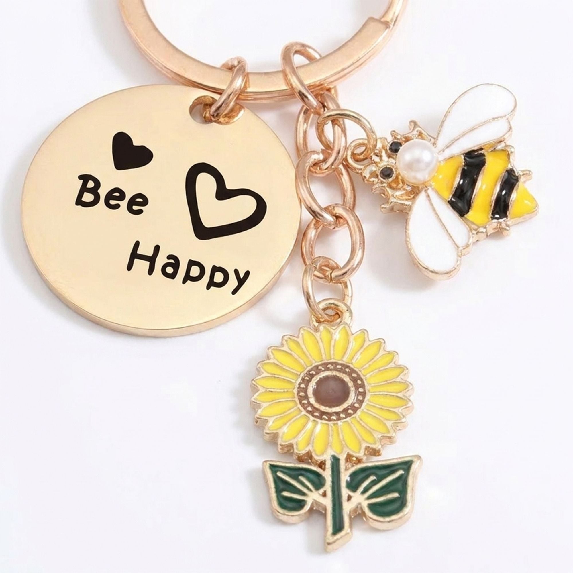 2 Pack Bee Happy Sunflower Keychain with Bee Charm Round Tag and Key Ring Bag Accessory