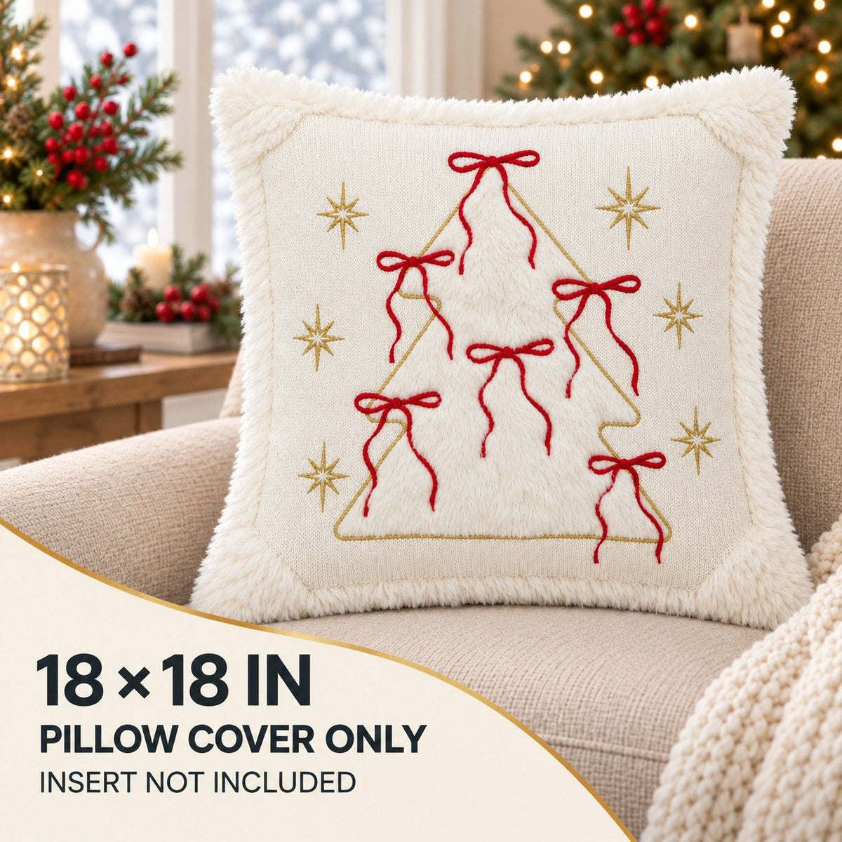 Christmas Embroidered Plush Throw Pillow Cover 18 x 18 Inch 1 Pack