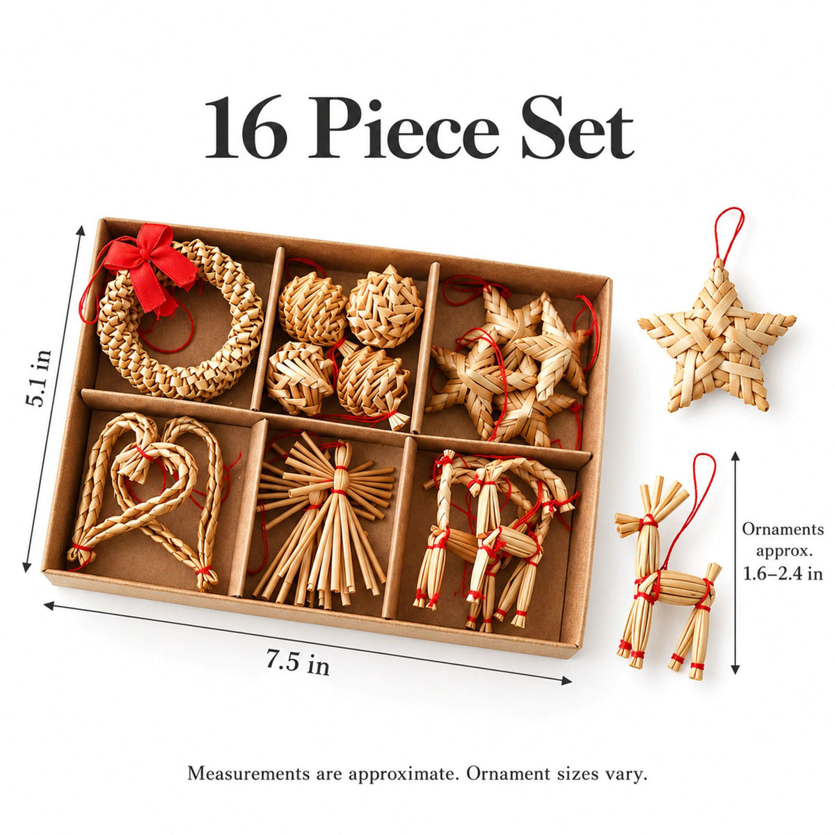 56ct Straw Christmas Tree Ornaments Assorted Holiday Decorations Gift