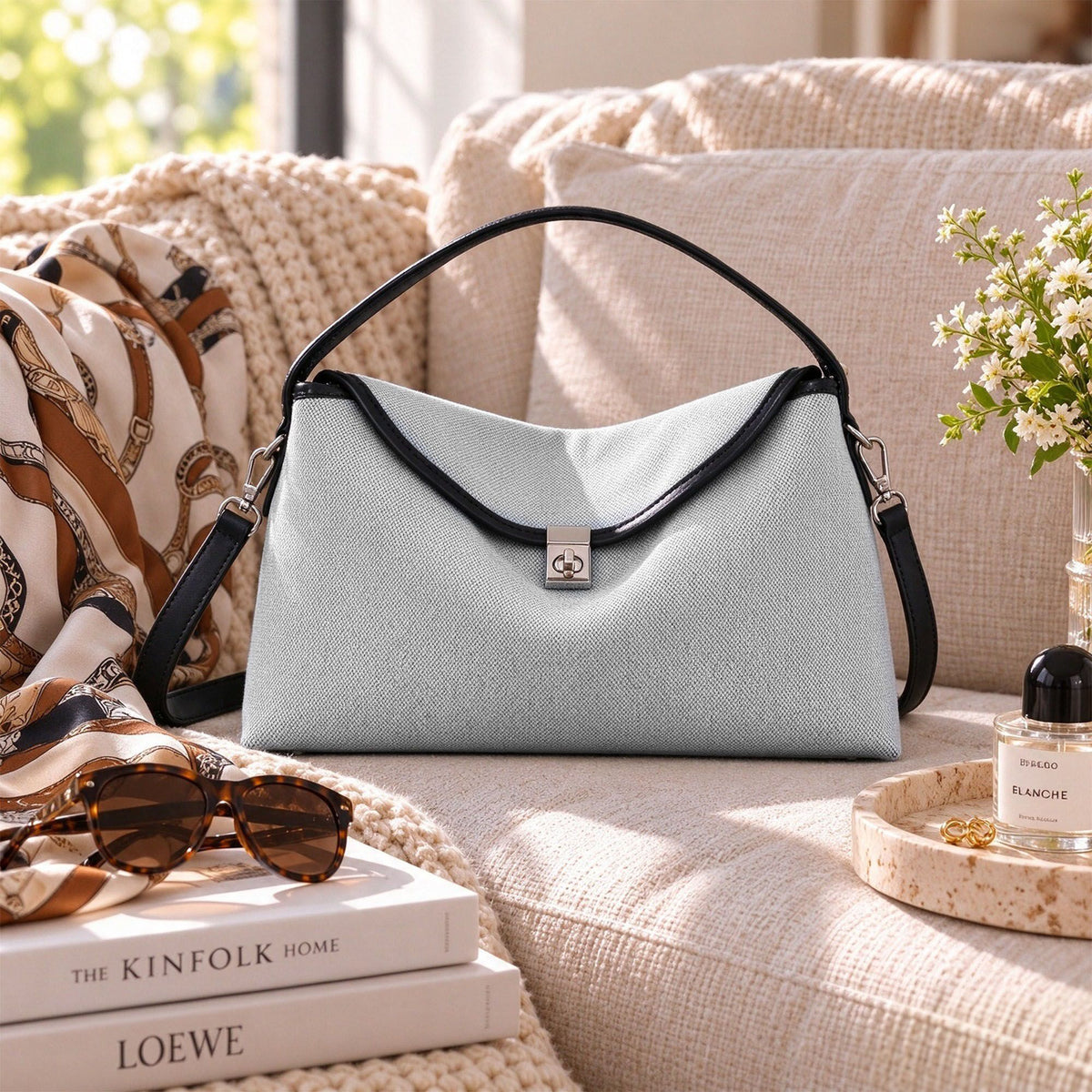 Structured Shoulder Bag with Top Handle Turn Lock and Crossbody Strap