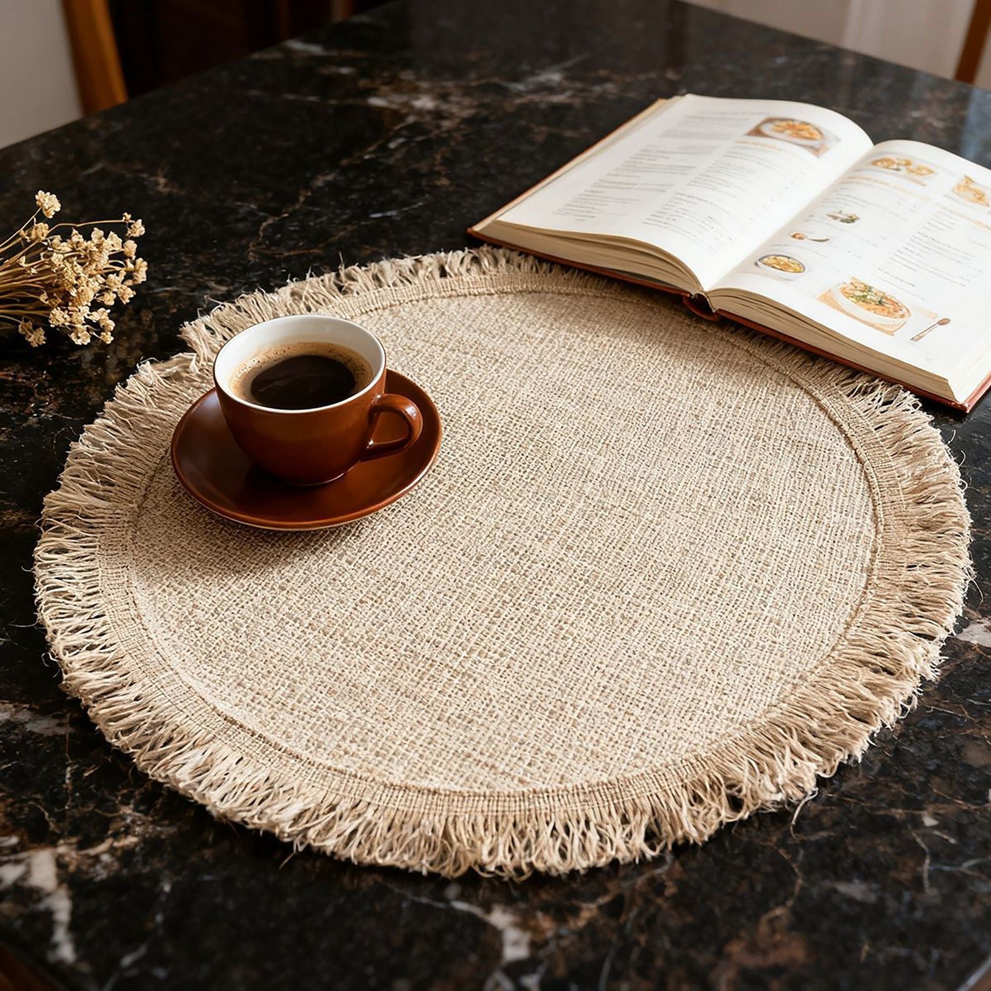 4 Pack Round Woven Fringe Placemats Farmhouse Heat Resistant Table Mats for Dining Table Decor