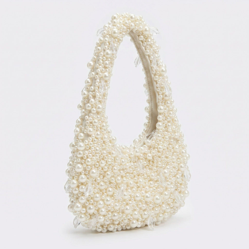 Faux Pearl Embellished Shoulder Bag with Crystal Accents Hand Beaded Crescent Handbag 10x2x13.7 in