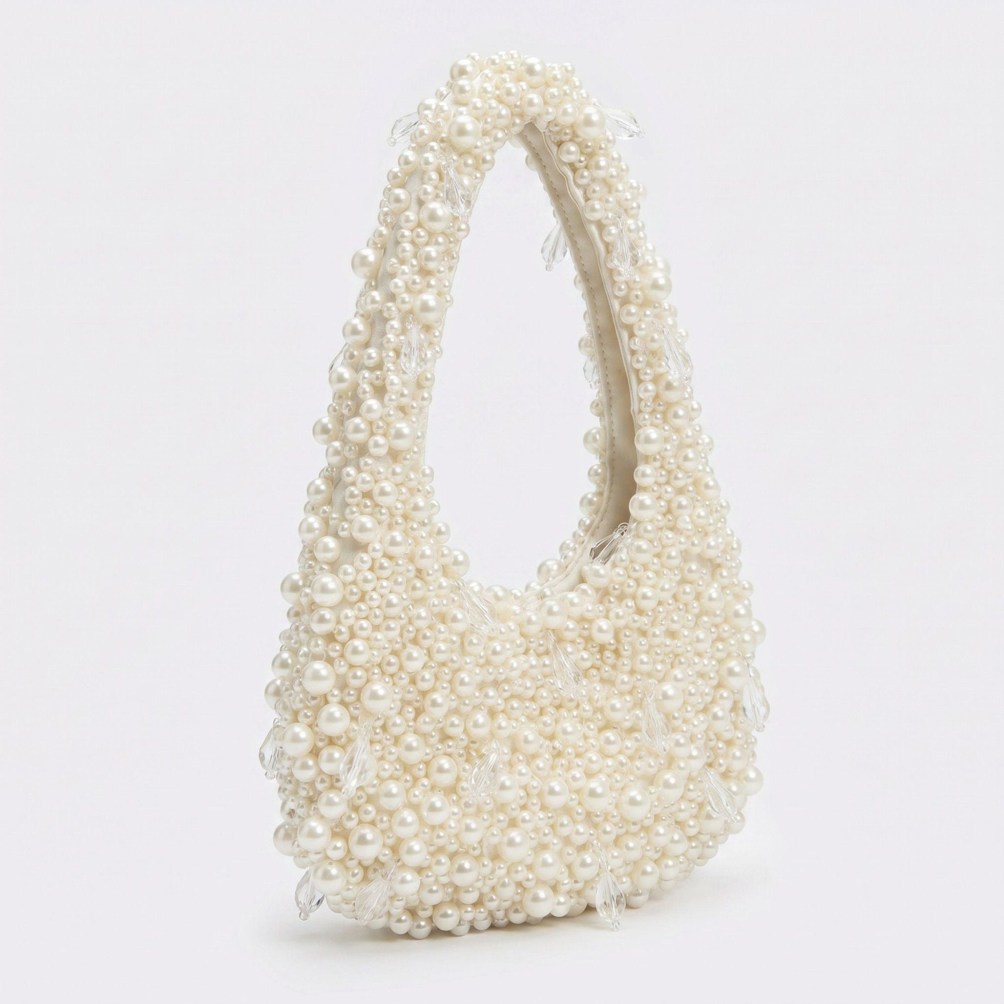 Faux Pearl Embellished Shoulder Bag with Crystal Accents Hand Beaded Crescent Handbag 10x2x13.7 in