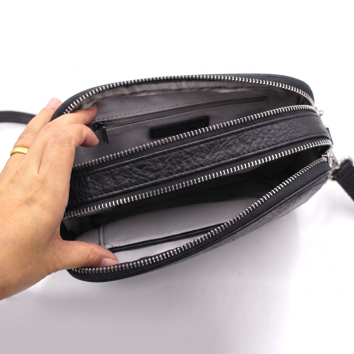 Small Textured Crossbody Bag with Double Zipper Adjustable Strap