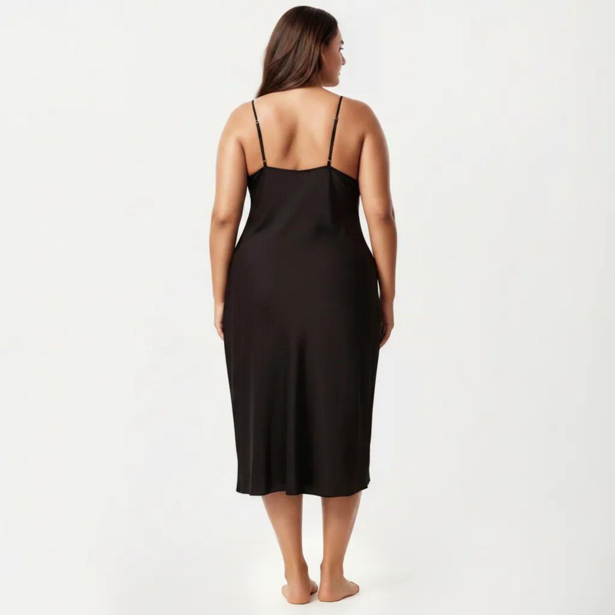 Anna-Kaci Lounge Women's Plus Size Long Satin Chemise Lace Panel Nightgown Adjustable Strap Slip Sleep Dress